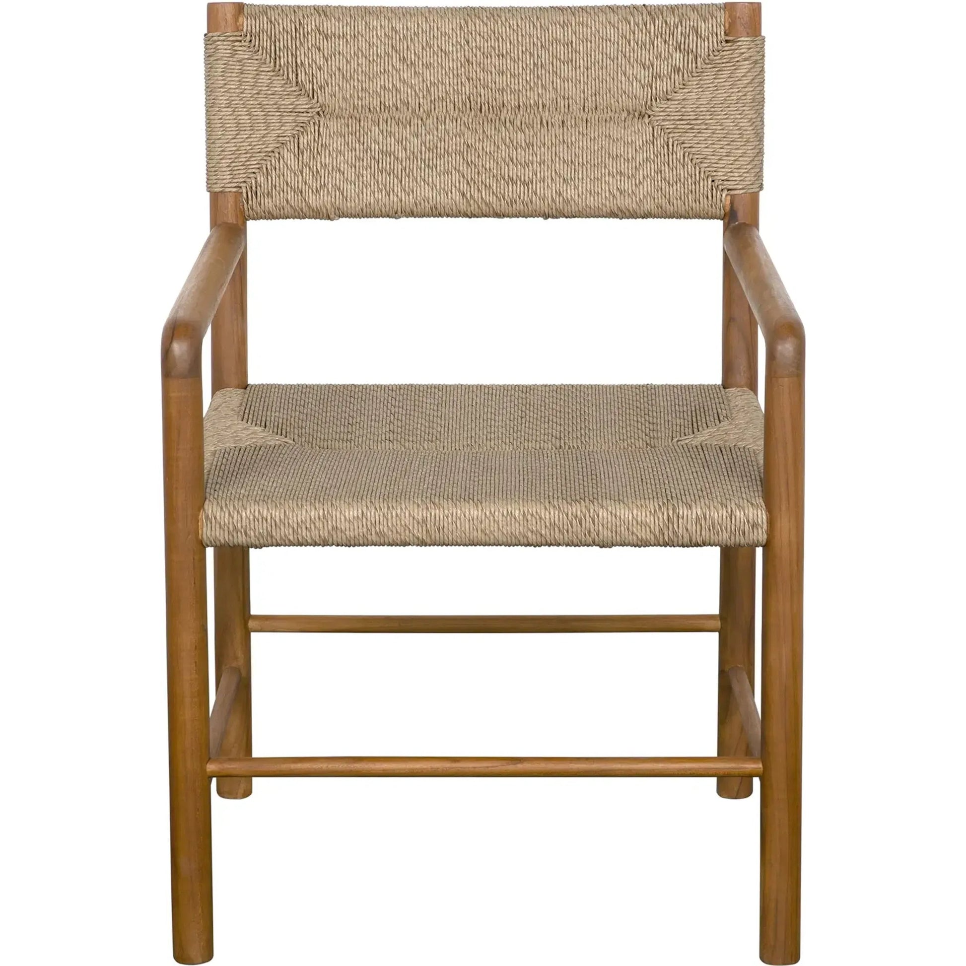 Franco Arm Chair by Noir in natural and clear coat flat. Made from teak and synthetic seagrass in a cottage & farmhouse style.
