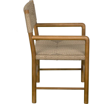 Franco Arm Chair by Noir in natural and clear coat flat. Made from teak and synthetic seagrass in a cottage & farmhouse style.