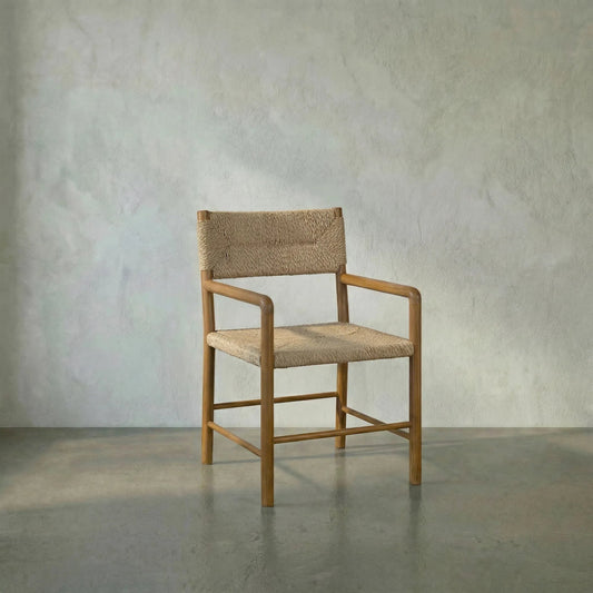 Franco Arm Chair by Noir in natural and clear coat flat. Made from teak and synthetic seagrass in a cottage & farmhouse style.