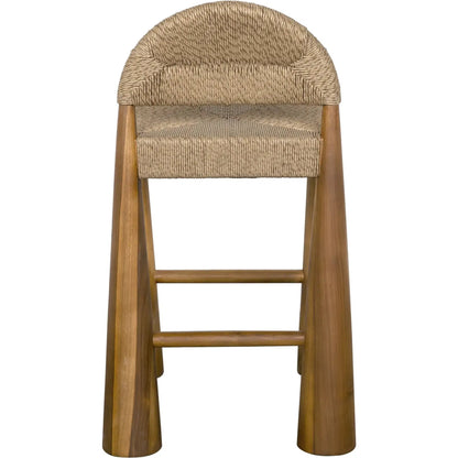 Laredo Counter Stool by Noir in clear coat flat. Made from teak and synthetic seagrass in a modern style.