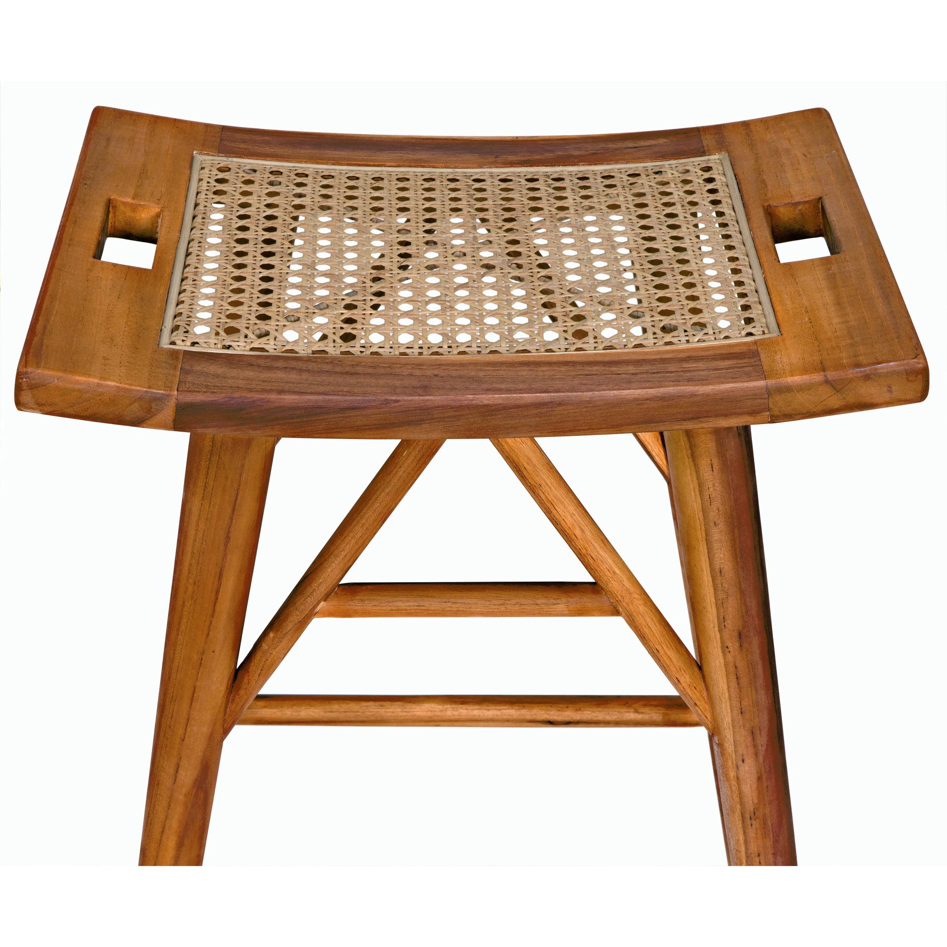 Murphy Counter Stool by Noir in clear coat flat. Made from teak and caning in a cottage & farmhouse style.