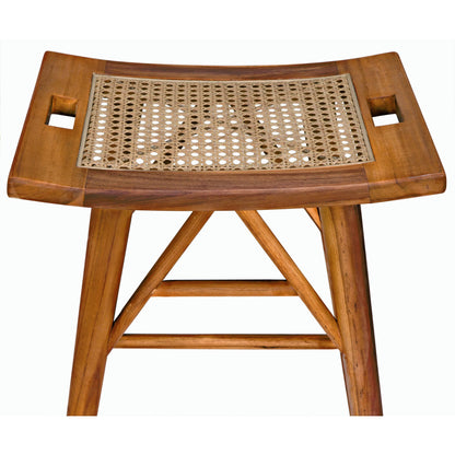 Murphy Counter Stool by Noir in clear coat flat. Made from teak and caning in a cottage & farmhouse style.
