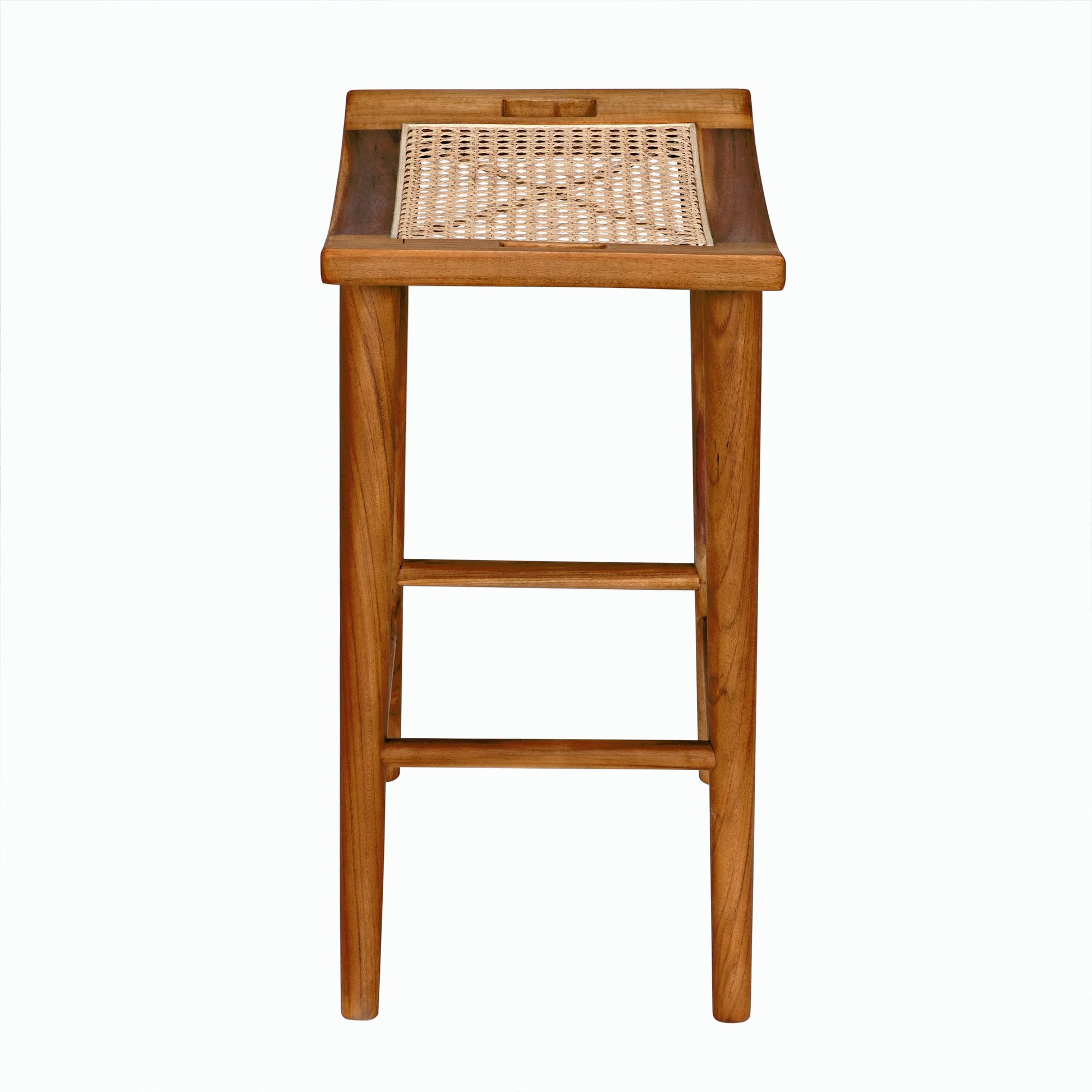 Murphy Counter Stool by Noir in clear coat flat. Made from teak and caning in a cottage & farmhouse style.