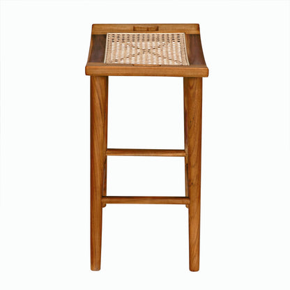 Murphy Counter Stool by Noir in clear coat flat. Made from teak and caning in a cottage & farmhouse style.