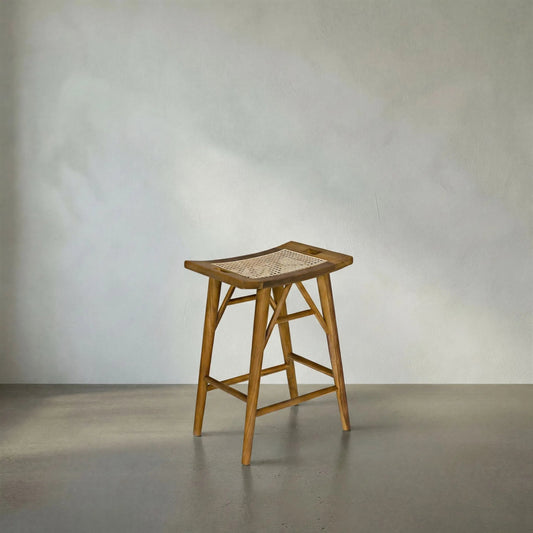 Murphy Counter Stool by Noir in clear coat flat. Made from teak and caning in a cottage & farmhouse style.