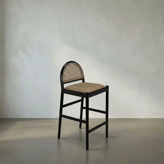 Peter Counter Stool by Noir in charcoal black. Made from mindi, caning and rattan in a cottage & farmhouse style.
