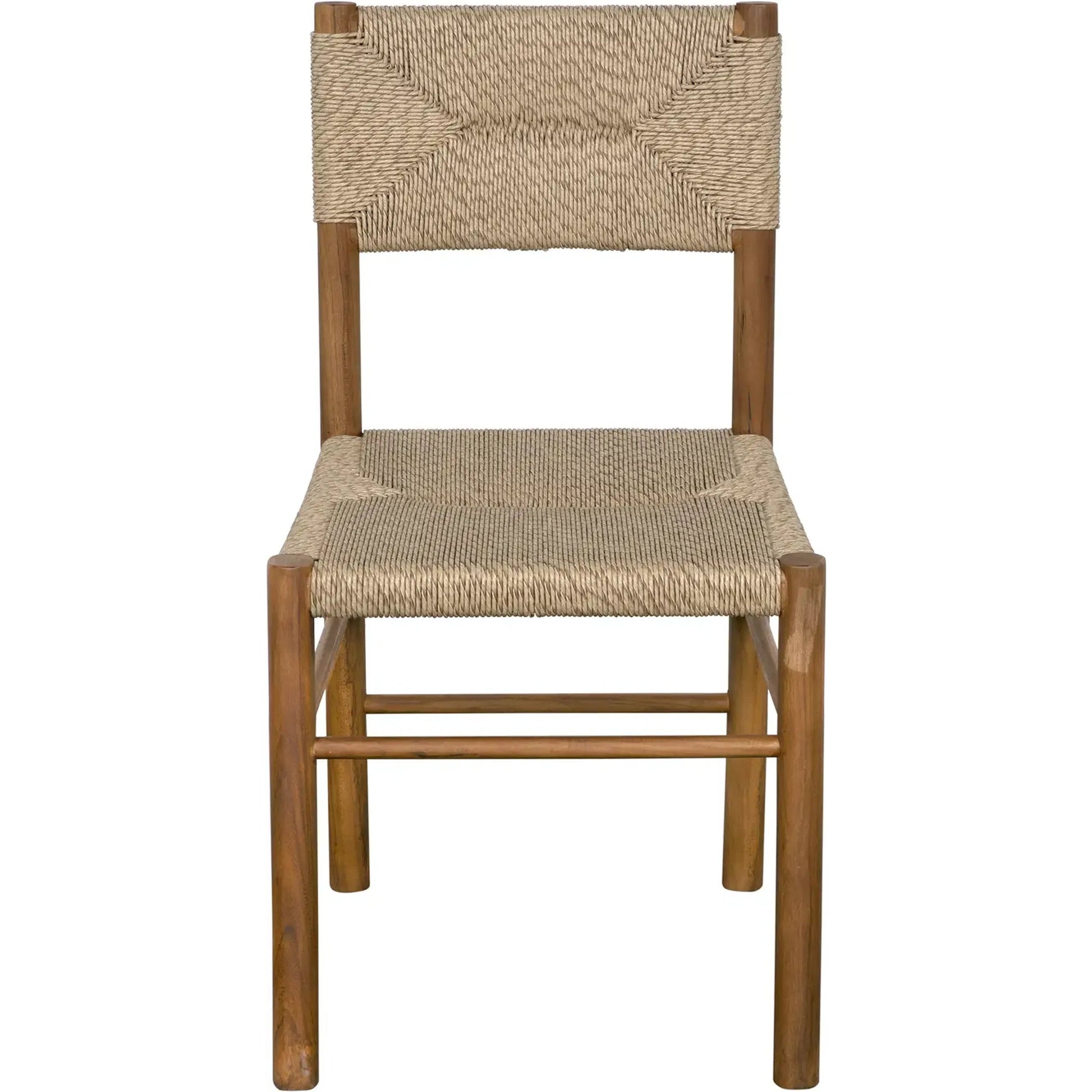 Franco Side Chair by Noir in natural and clear coat flat. Made from teak and synthetic seagrass in a cottage & farmhouse style.