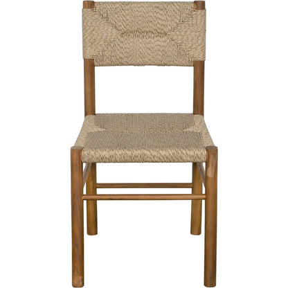 Franco Side Chair by Noir in natural and clear coat flat. Made from teak and synthetic seagrass in a cottage & farmhouse style.