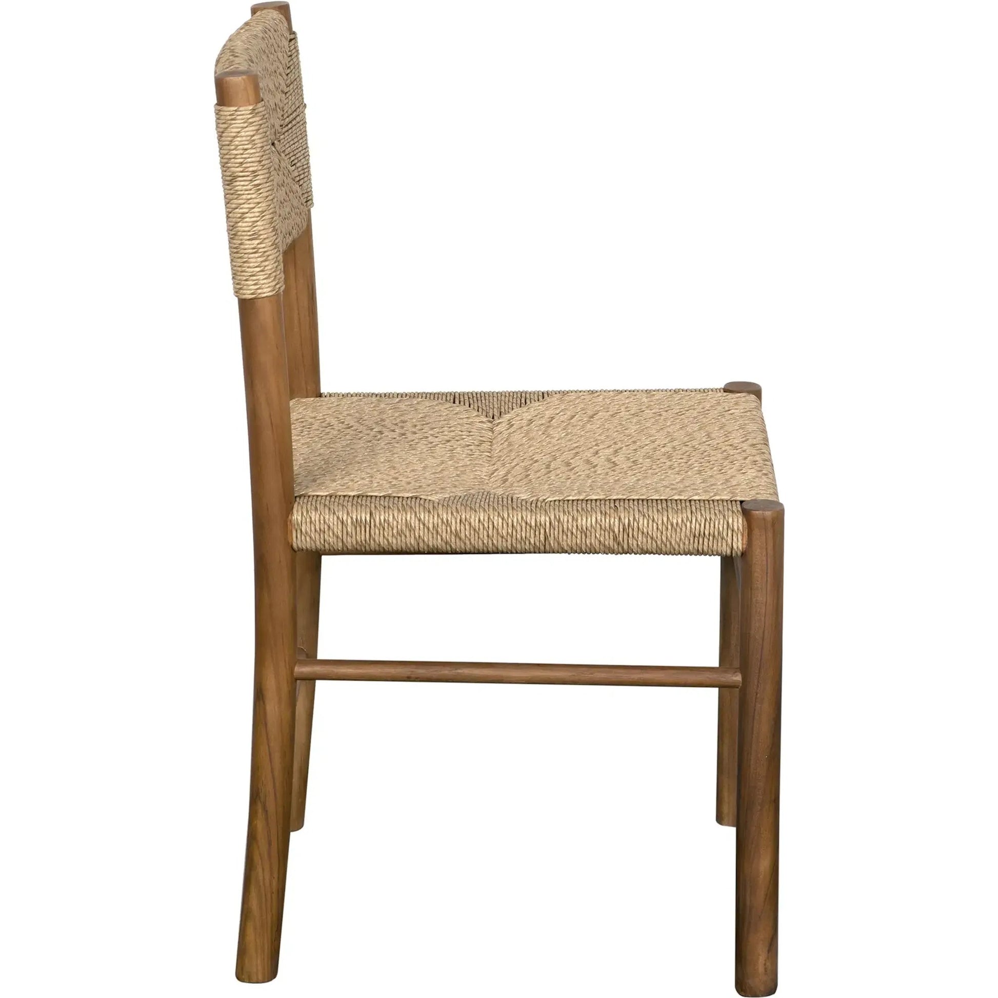 Franco Side Chair by Noir in natural and clear coat flat. Made from teak and synthetic seagrass in a cottage & farmhouse style.