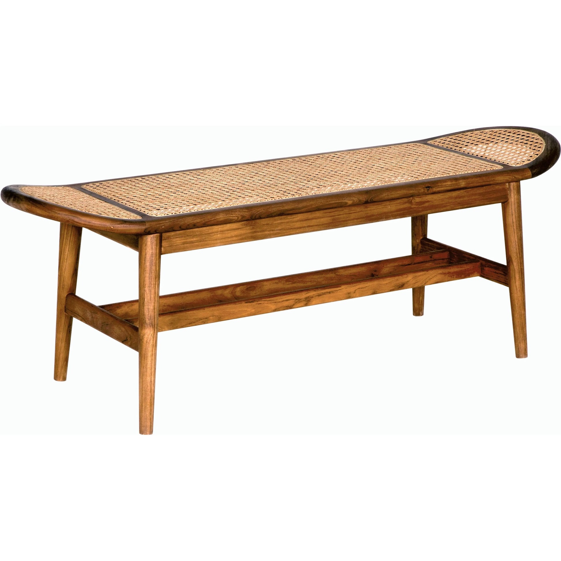 Wayland Bench by Noir in clear coat flat. Made from teak and caning in a modern style.