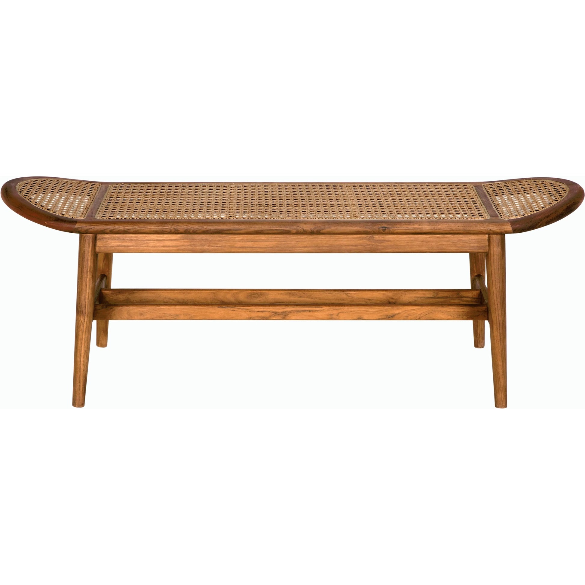 Wayland Bench by Noir in clear coat flat. Made from teak and caning in a modern style.