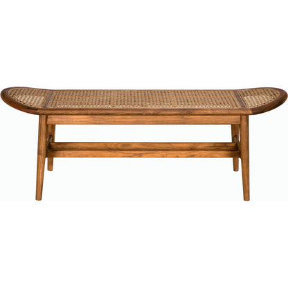 Wayland Bench by Noir in clear coat flat. Made from teak and caning in a modern style.