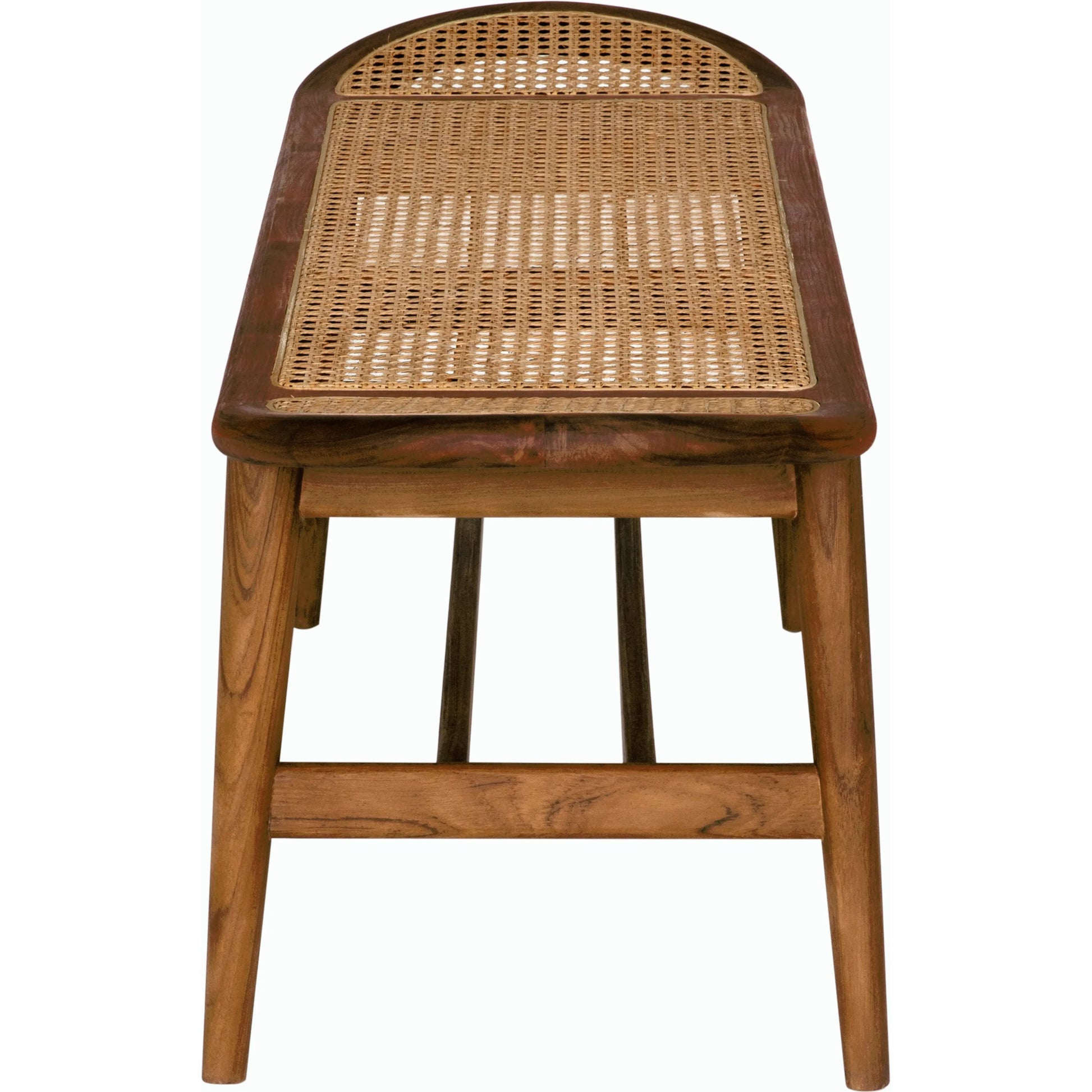 Wayland Bench by Noir in clear coat flat. Made from teak and caning in a modern style.