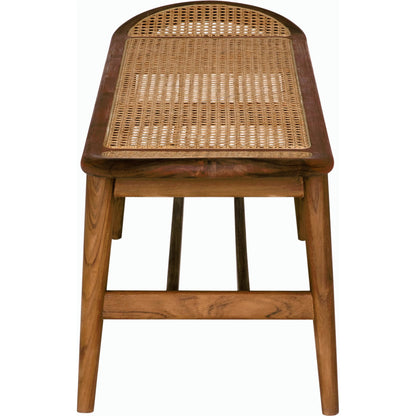 Wayland Bench by Noir in clear coat flat. Made from teak and caning in a modern style.
