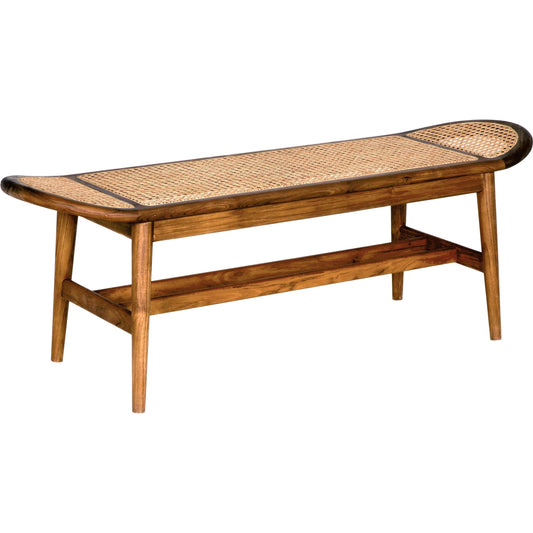Wayland Bench by Noir in clear coat flat. Made from teak and caning in a modern style.