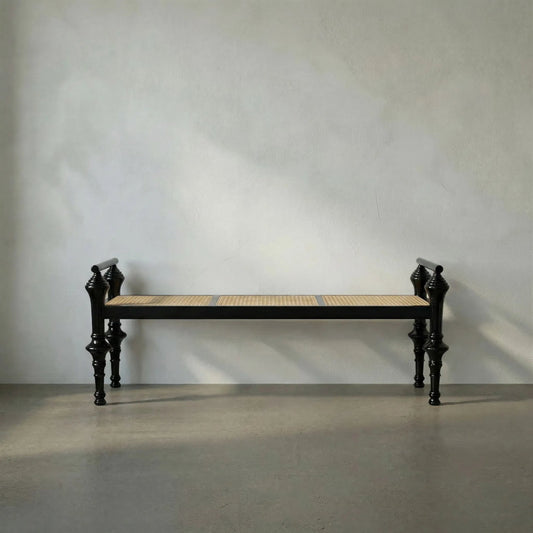 Indochine Bench by Noir in charcoal black. Made from sungkai and caning in a cottage & farmhouse style.