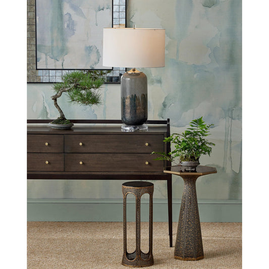Capella Accent Table by Currey and Company in coffee bronze, smoke. Made from metal, brass, glass in a modern style.