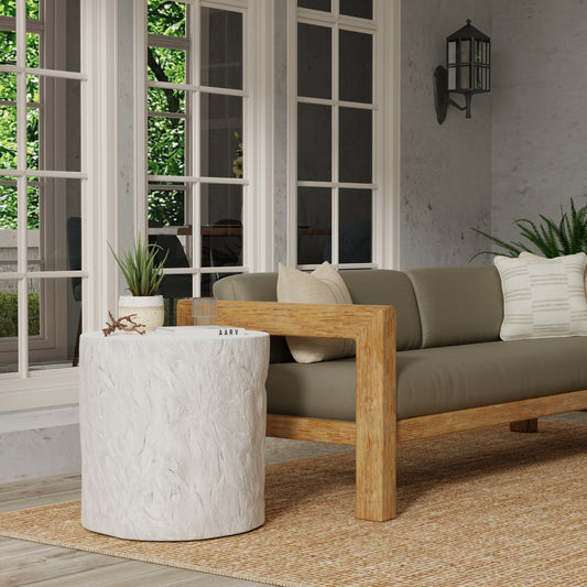 Antique Outdoor Stone Round End Table by Sunset West in bone white and stone. Made from gfr concrete in a modern style.
