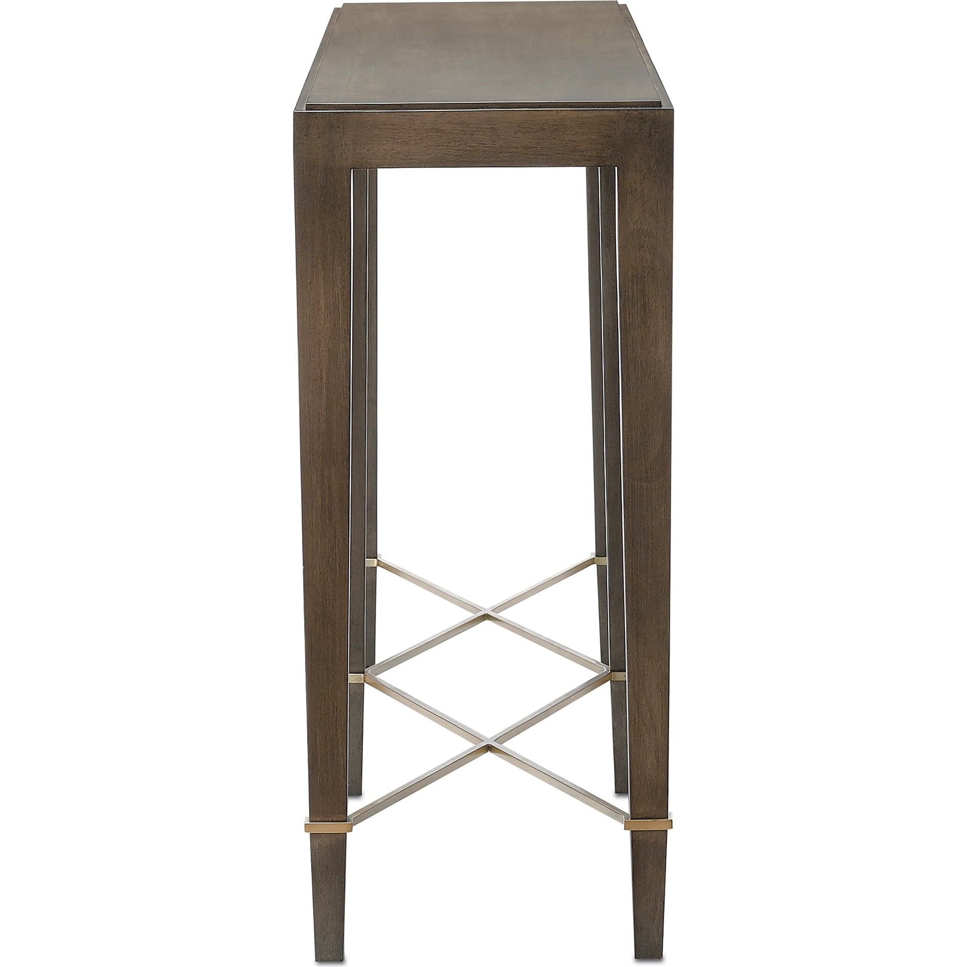 Verona Chanterelle Console Table by Currey and Company in chanterelle, champagne. Made from mahogany, brass, iron in a transitional style.