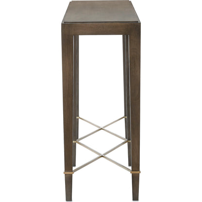 Verona Chanterelle Console Table by Currey and Company in chanterelle, champagne. Made from mahogany, brass, iron in a transitional style.