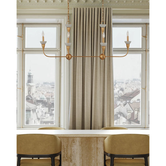 Aurelia Frost Linear Chandelier by Currey and Company in contemporary gold, frosted. Made from wrought iron, recycled bottle glass in a transitional style.