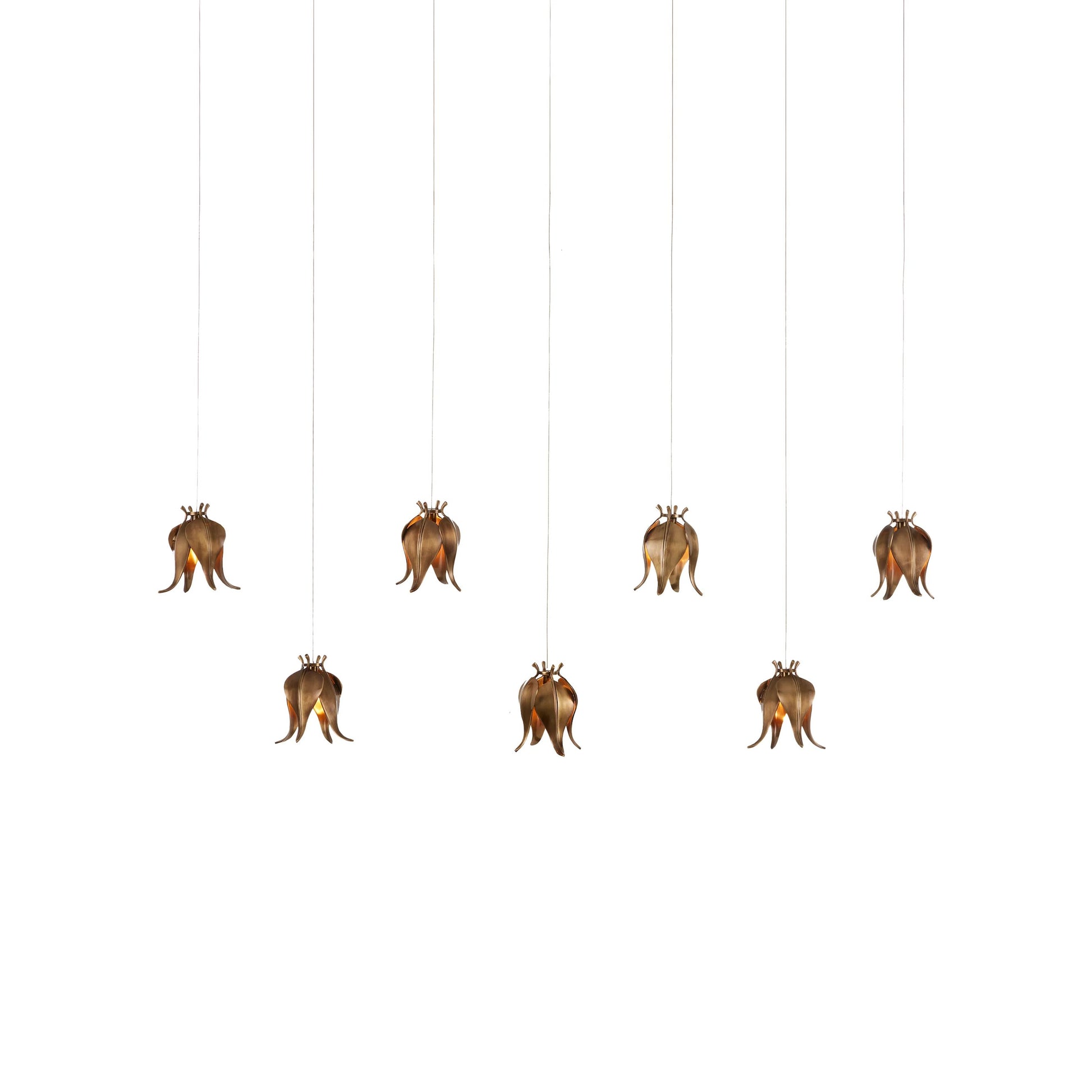 Iota Rectangular 7-LIGHT Multi-Drop Pendant by Currey and Company in antique brass, silver. Made from brass in a modern style.
