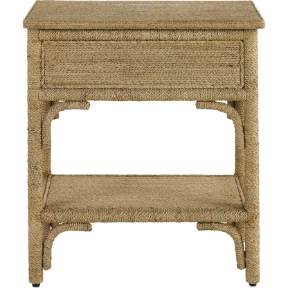 Olisa Nightstand by Currey and Company in natural abaca rope, washed wood. Made from abaca rope, solid wood, engineered wood, rattan in a eclectic & global style.