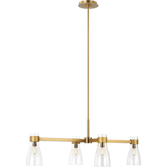 Moritz Four Light Linear Chandelier by Visual Comfort & Co. in burnished brass. Made from steel in a unique style.