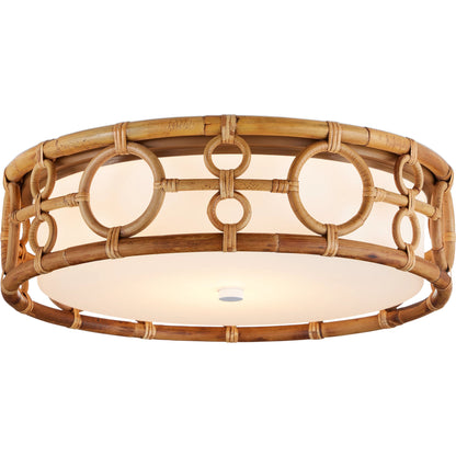 Tegal Flush Mount by Currey and Company in natural, khaki, white. Made from rattan, wrought iron, glass in a rustic style.