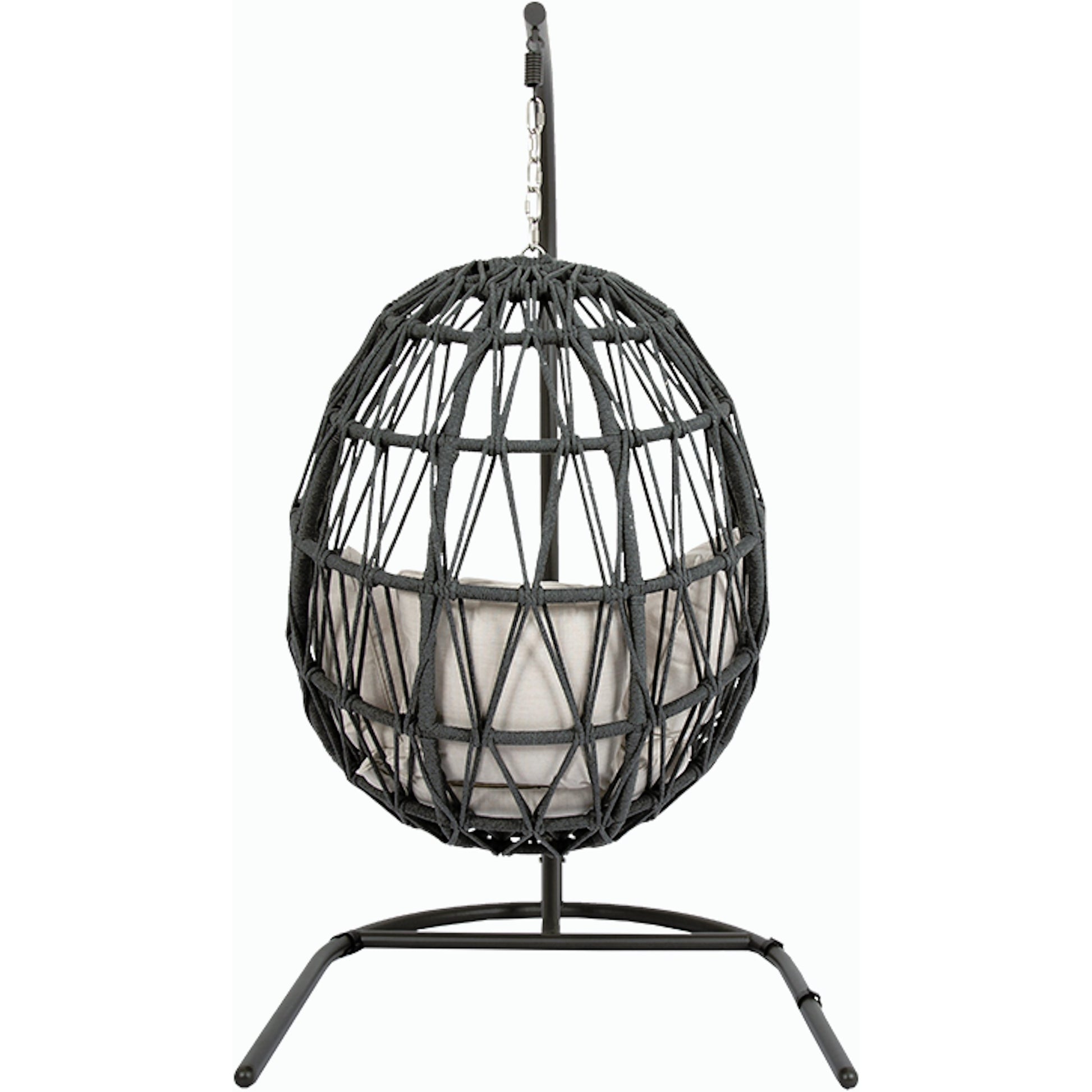 Milano Outdoor Hanging Chair by Sunset West in slate. Made from olefin rope in a coastal style.