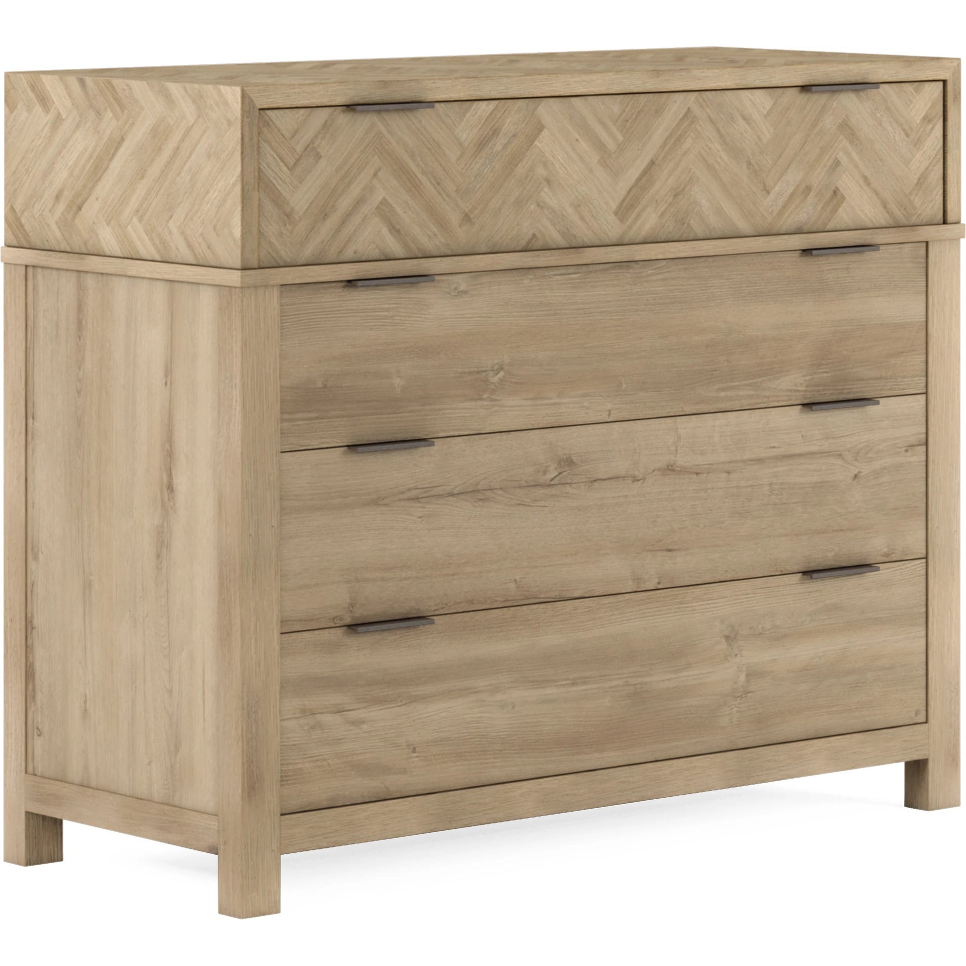 Garrison Accent Chest by A.R.T. Furniture in washed oak, burnished brass. Made from parawood solids with ash embossing, white oak veneers, metal in a cottage & farmhouse style.