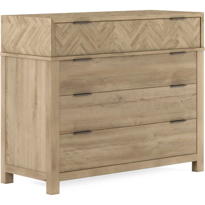 Garrison Accent Chest by A.R.T. Furniture in washed oak, burnished brass. Made from parawood solids with ash embossing, white oak veneers, metal in a cottage & farmhouse style.