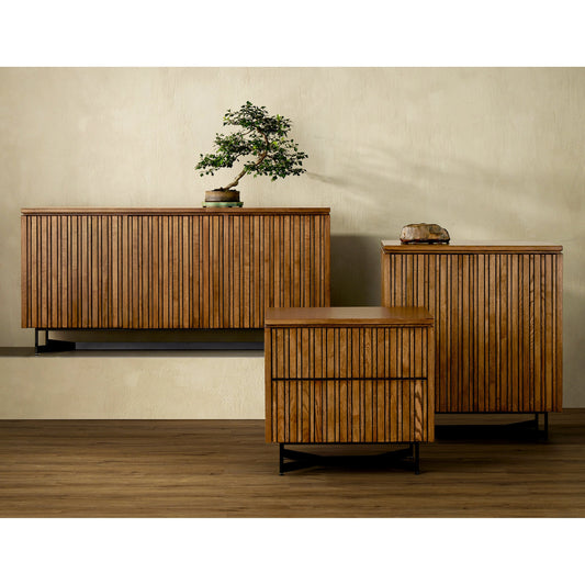 Indeo Credenza by Currey and Company. Made from white oak solids, veneers, iron in a modern style.