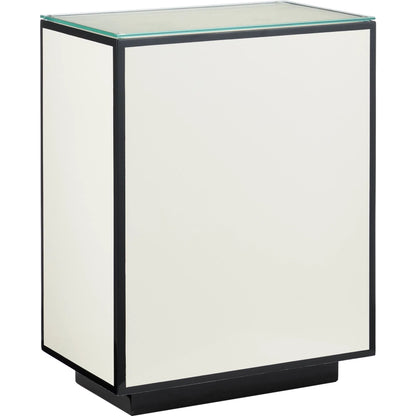 Ivory Lacquer Side Table by Currey and Company in white, black, clear. Made from engineered wood, glass in a modern style.