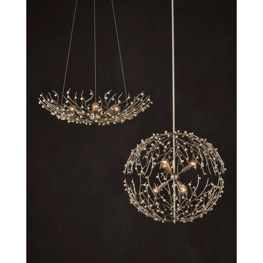 Shinju Pearl Orb Chandelier by Currey and Company in natural, contemporary silver leaf. Made from pearl, wrought iron in a unique style.