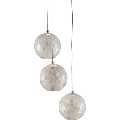 Finhorn 3-Light Round Multi-Drop Pendant by Currey and Company in painted silver, pearl. Made from metal, mother of pearl in a modern style.