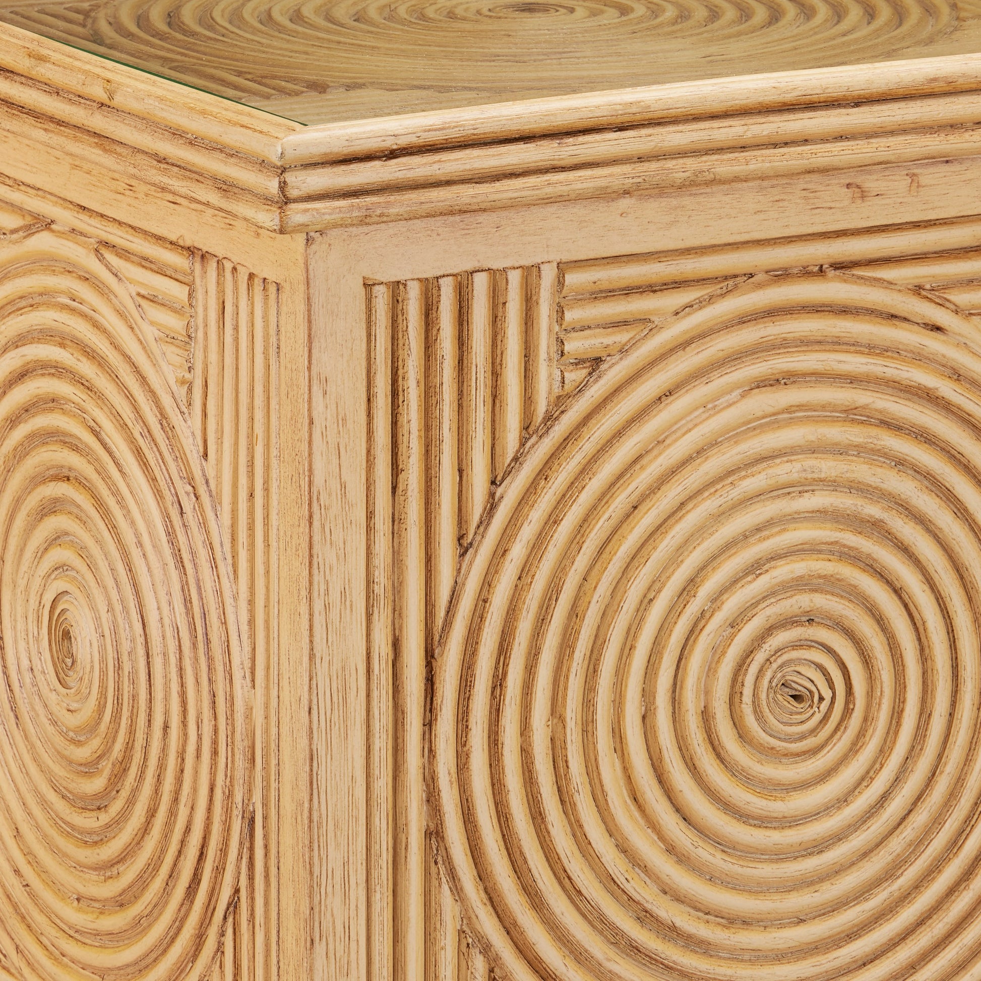 Santos Accent Table by Currey and Company in sea sand, clear. Made from rattan, mahogany, glass in a transitional style.