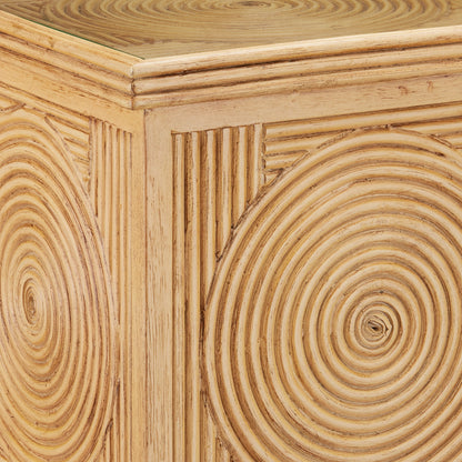 Santos Accent Table by Currey and Company in sea sand, clear. Made from rattan, mahogany, glass in a transitional style.