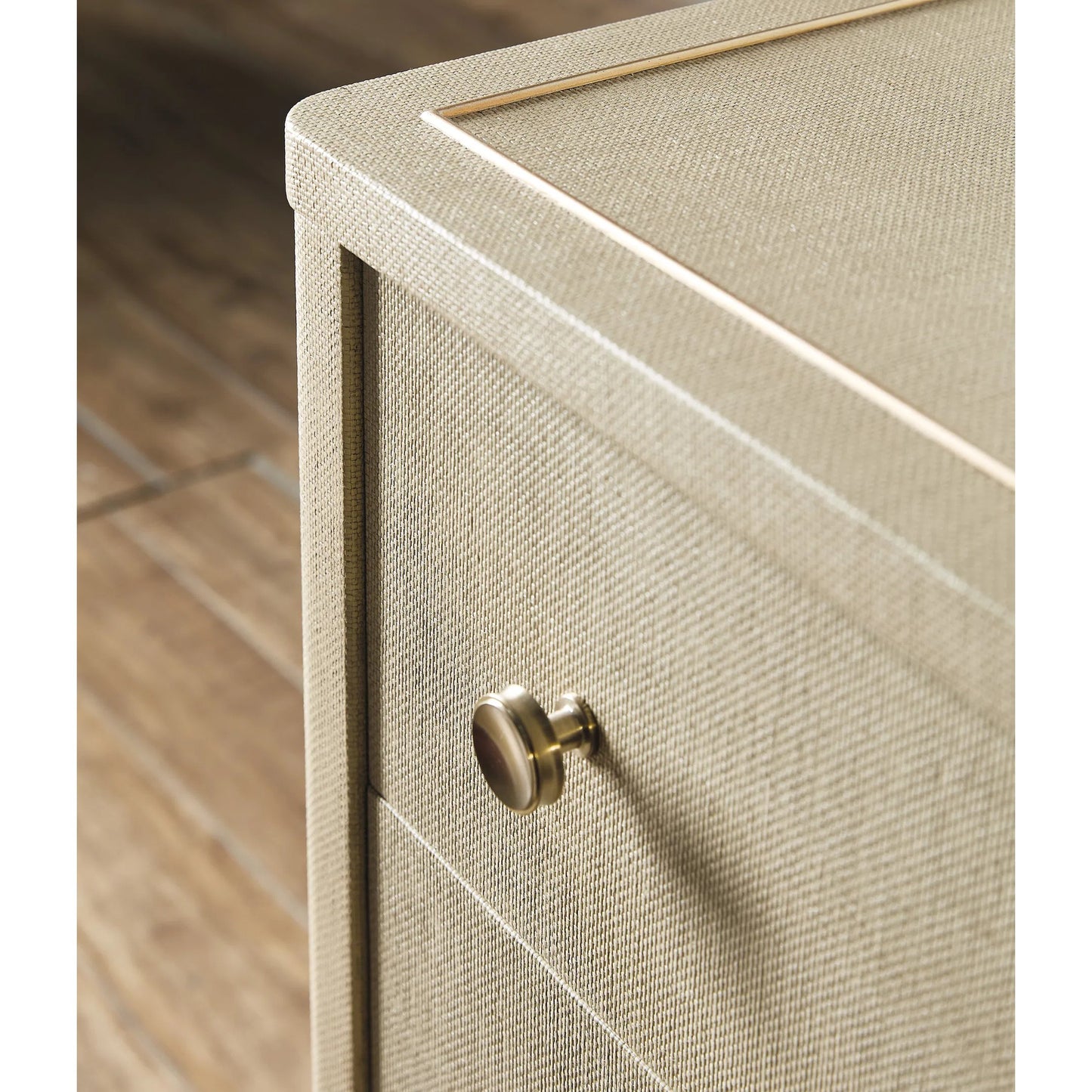 003 SI-2353933 | Closeup | Archives Raffia Three-Drawer Chest by Hooker Furniture in flax. Made from oak veneers, raffia, cedar, metal caps in a transitional style.