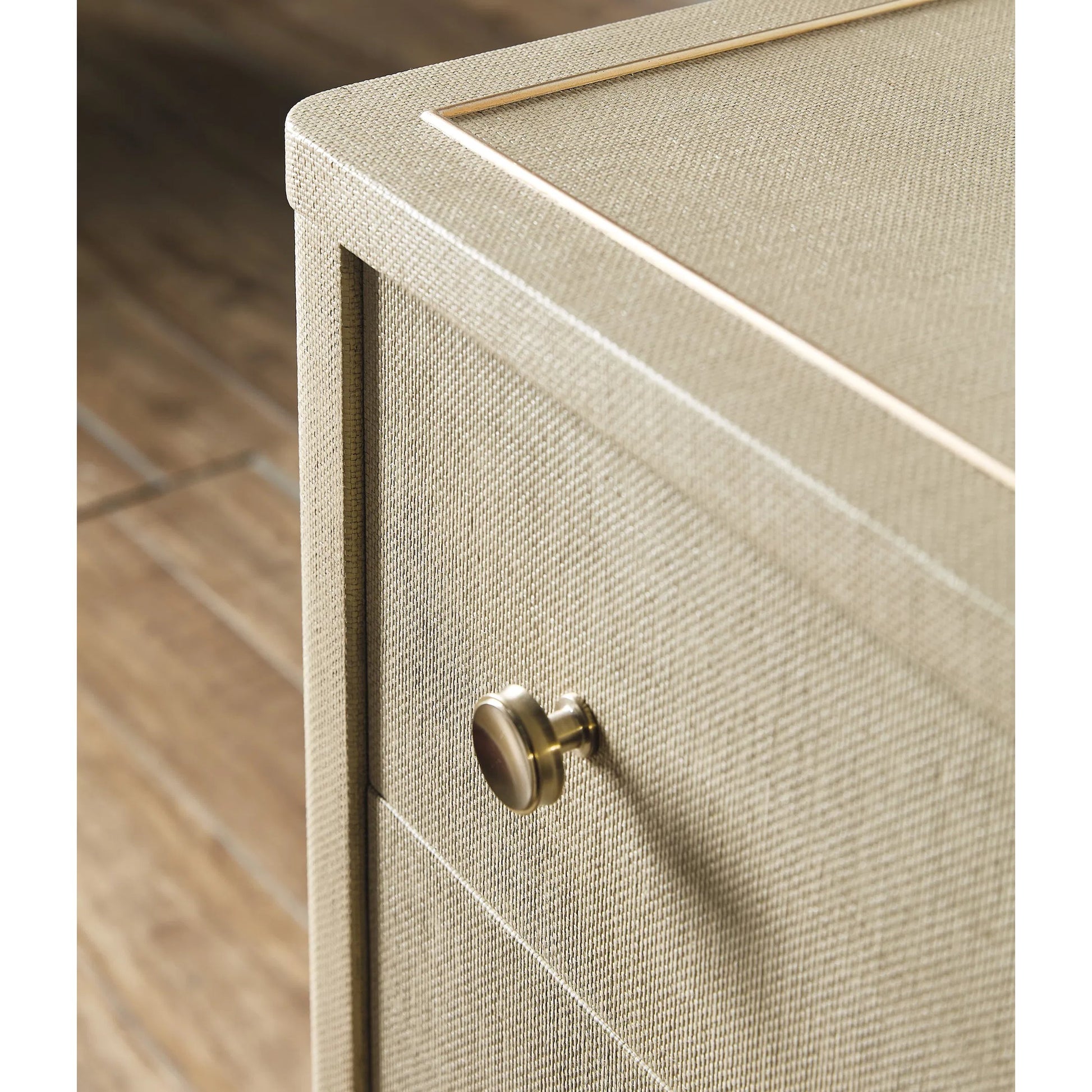 Archives Raffia Three-Drawer Chest by Hooker Furniture in flax. Made from oak veneers, raffia, cedar, metal caps in a transitional style.