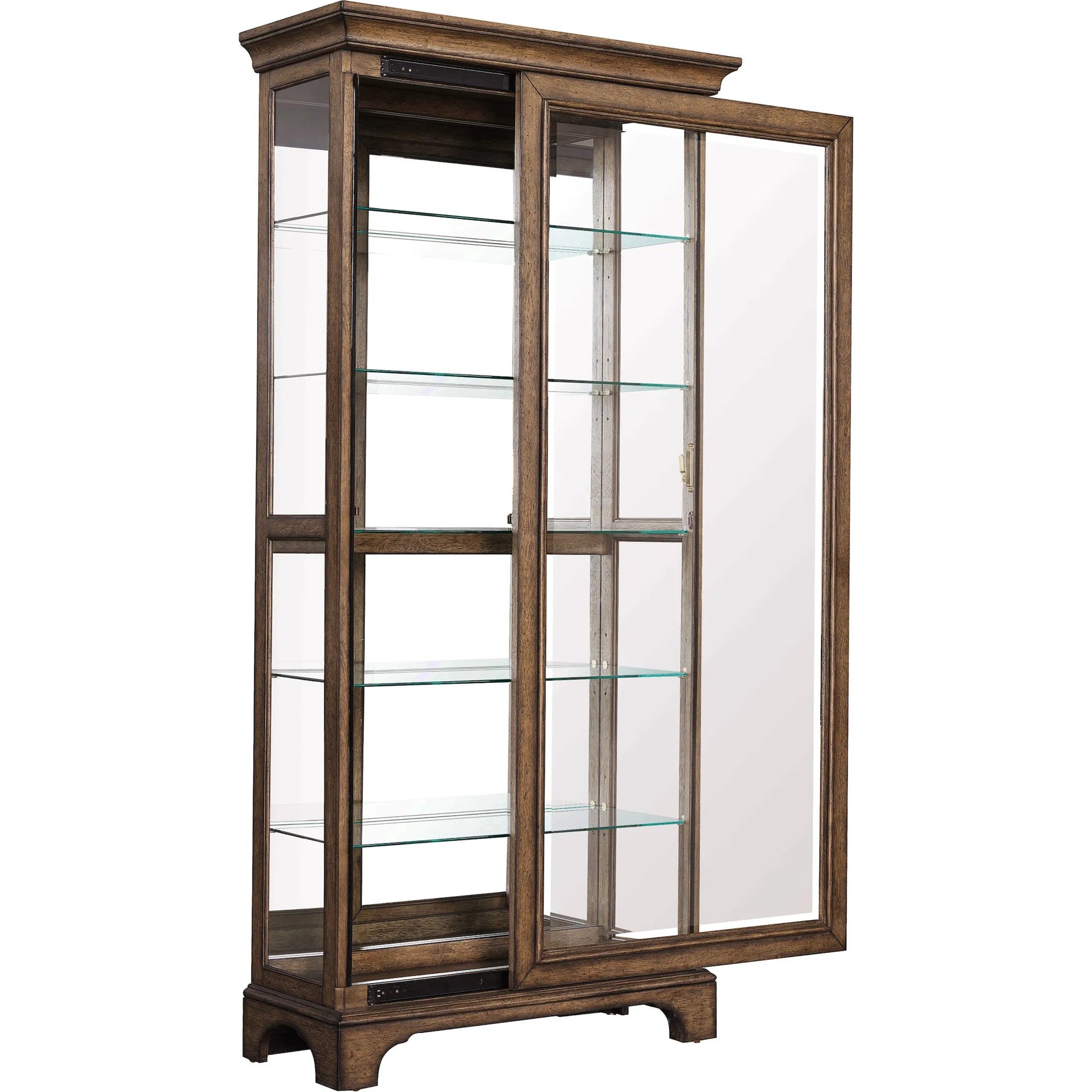 Traditional Sliding Door Curio with Glass Shelves and LED Light by Pulaski Furniture in chestnut. Made from oak wood veneers in a unique style.