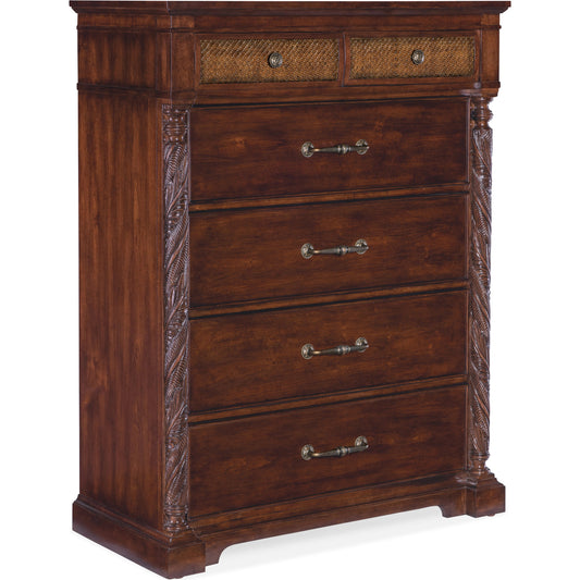 Charleston Six-Drawer Chest by Hooker Furniture in maraschino cherry. Made from cherry veneers, cane, felt, resin, solid-wood edge top in a traditional style.