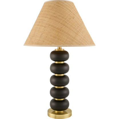 Anefis Accent Table Lamp by Surya in translucent, clear, black, metallic gold, brown. Made from rubber wood, iron, seagrass, polyester in a modern style.