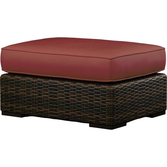 Montecito Outdoor Ottoman by Sunset West in cognac. Made from resin wicker in a modern style.