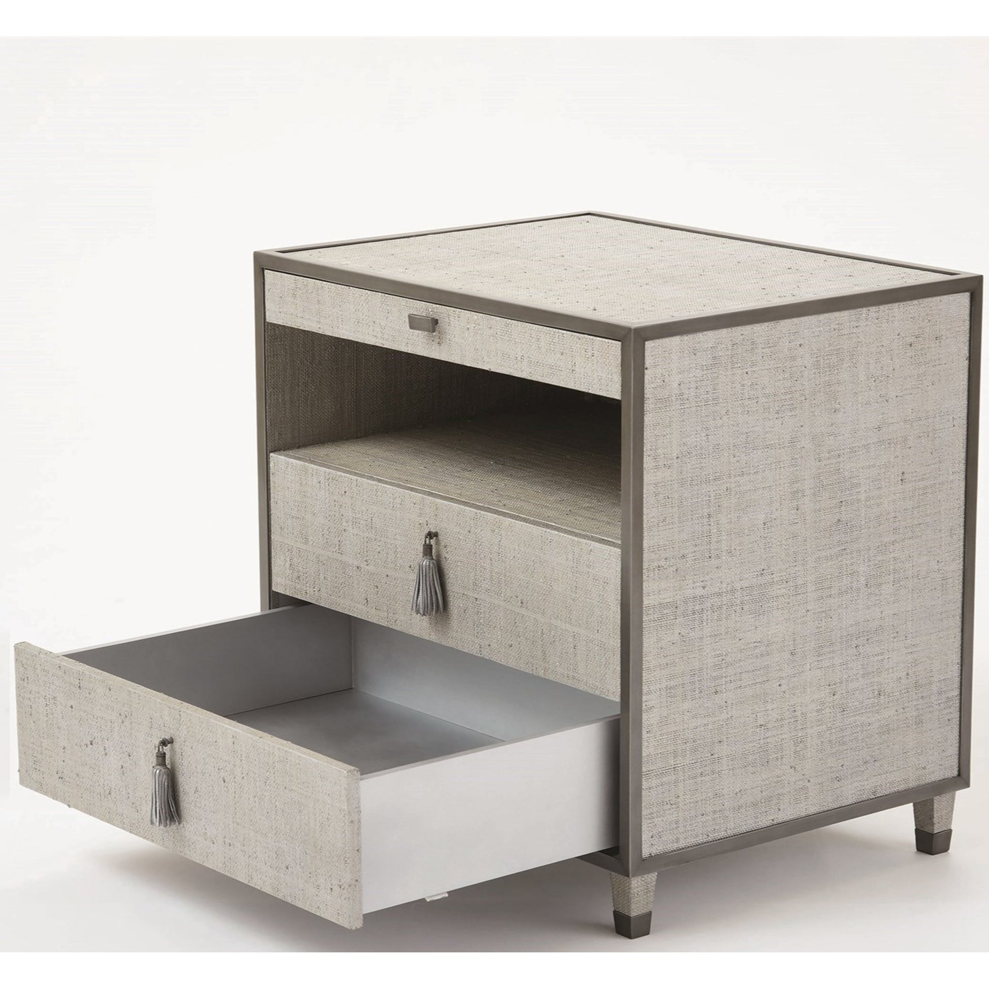Argento Bedside Chest by Global Views in pewter. Made from acacia, beech, mdf, poplar, raffia, steel in a transitional style.