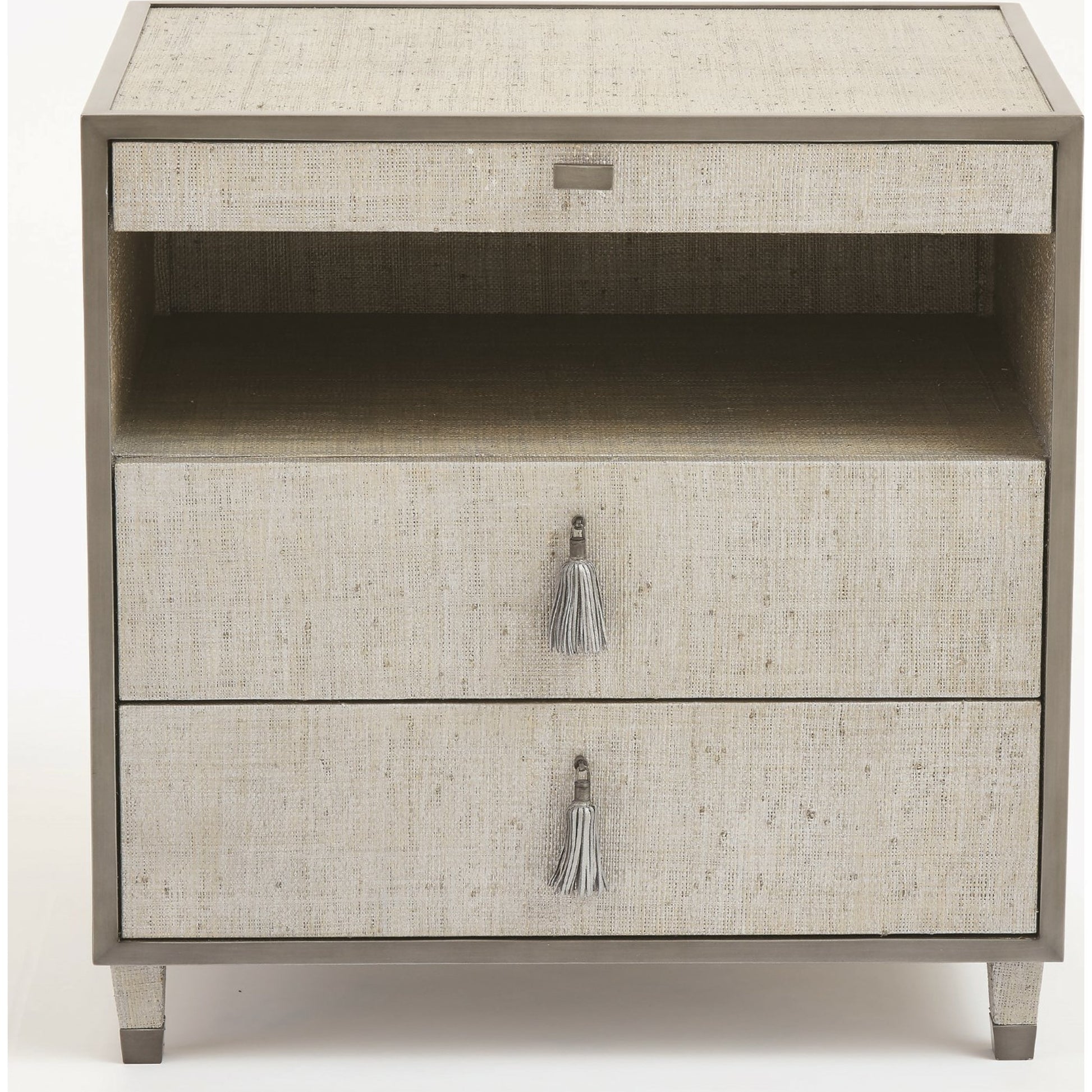 Argento Bedside Chest by Global Views in pewter. Made from acacia, beech, mdf, poplar, raffia, steel in a transitional style.