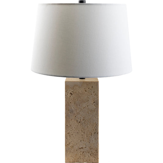 Agate Lamp - 499296 by Surya in beige. Made from body: travertine, shade (outside): linen, shade (inside): polystyrene, finial: metal in a modern style.