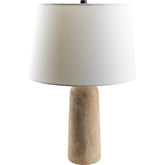 Agate Lamp - 499299 by Surya in beige and naturalpowder coated. Made from body: travertine, shade (outside): linen, shade (inside): polystyrene, finial: metal in a modern style.