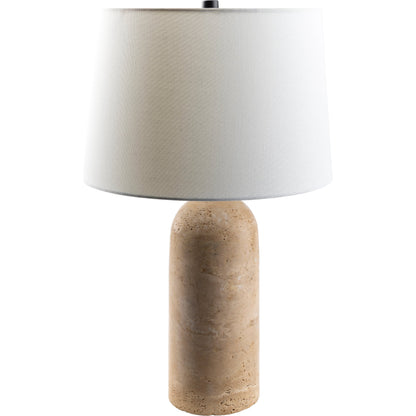 Agate Lamp - 499302 by Surya in beige. Made from body: travertine, shade (outside): linen, shade (inside): polystyrene, finial: metal in a modern style.