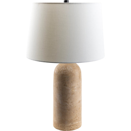 Agate Lamp - 499302 by Surya in beige. Made from body: travertine, shade (outside): linen, shade (inside): polystyrene, finial: metal in a modern style.